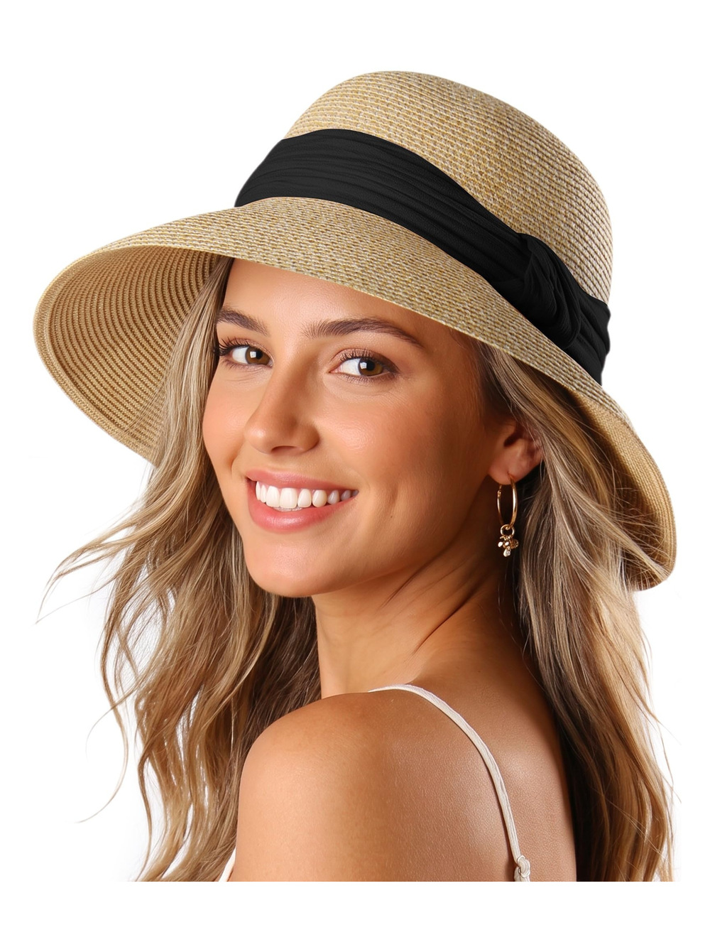 Sun Straw Hat for Women Wide Brim Floppy Beach | Hat Band: Black | Size OS